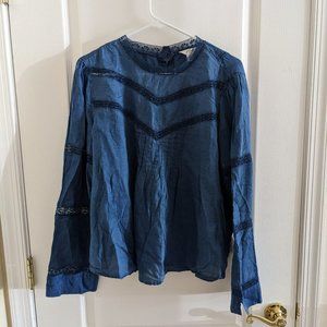 J. Crew Blue long sleeve prairie/ peasant blouse with lace detail